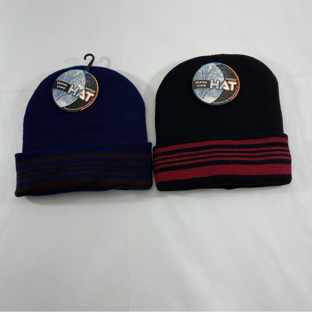 Royal Deluxe Winter Sherpa Lined Striped Knit Beanies Set of 2 Black & Blue NWT